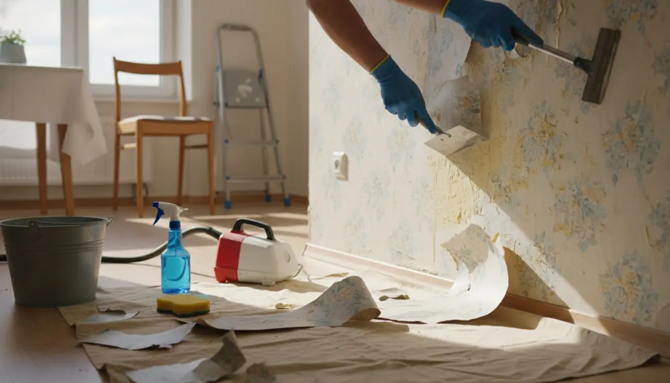 Hænder fjerner gammelt tapet fra en væg i en lys lejlighed med skraper, spand og afdækket gulv.