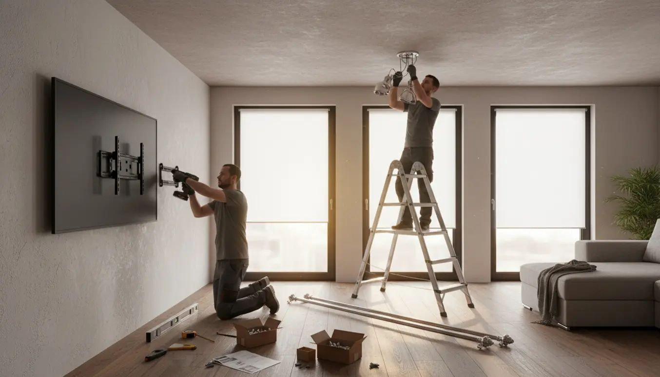 Hænder monterer tv, to rullegardiner, gardinstang og lamper i en moderne stue.