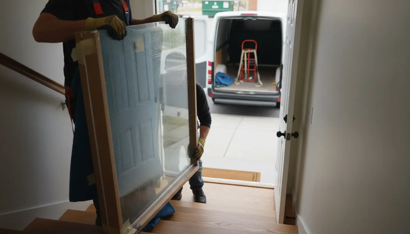 To personer bærer en hærdet glasbrusedør ned ad trappen mod en åben varevogn klar til afhentning.
