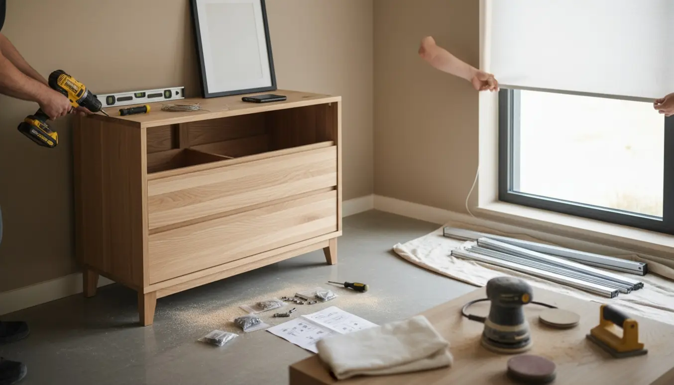 Delvist samlet kommode i stuen med værktøj, rullegardin ved vinduet og et billede klar til ophæng.