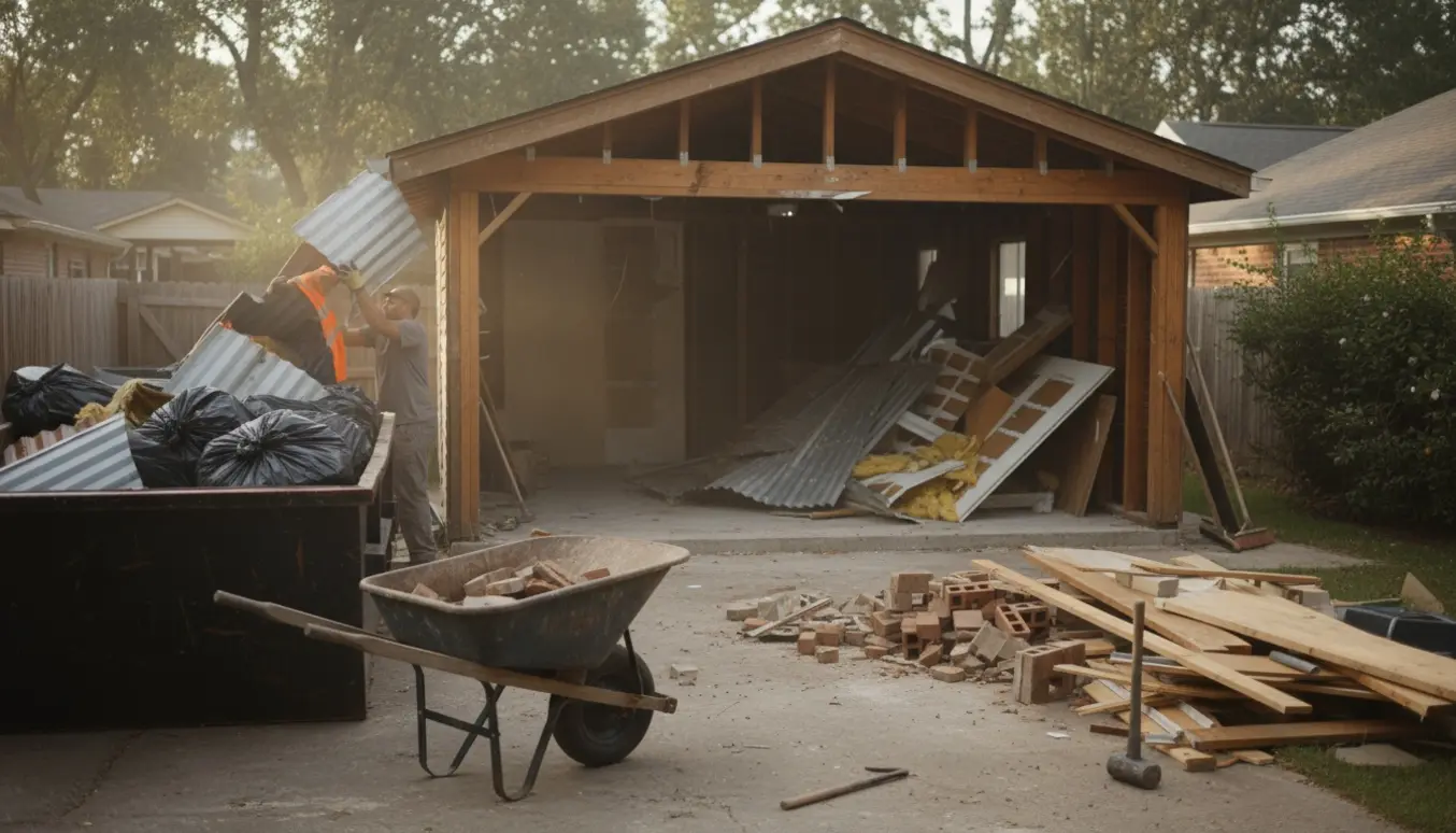Partielt nedrevet lille garage med byggeaffald og værktøj klar til fjernelse.