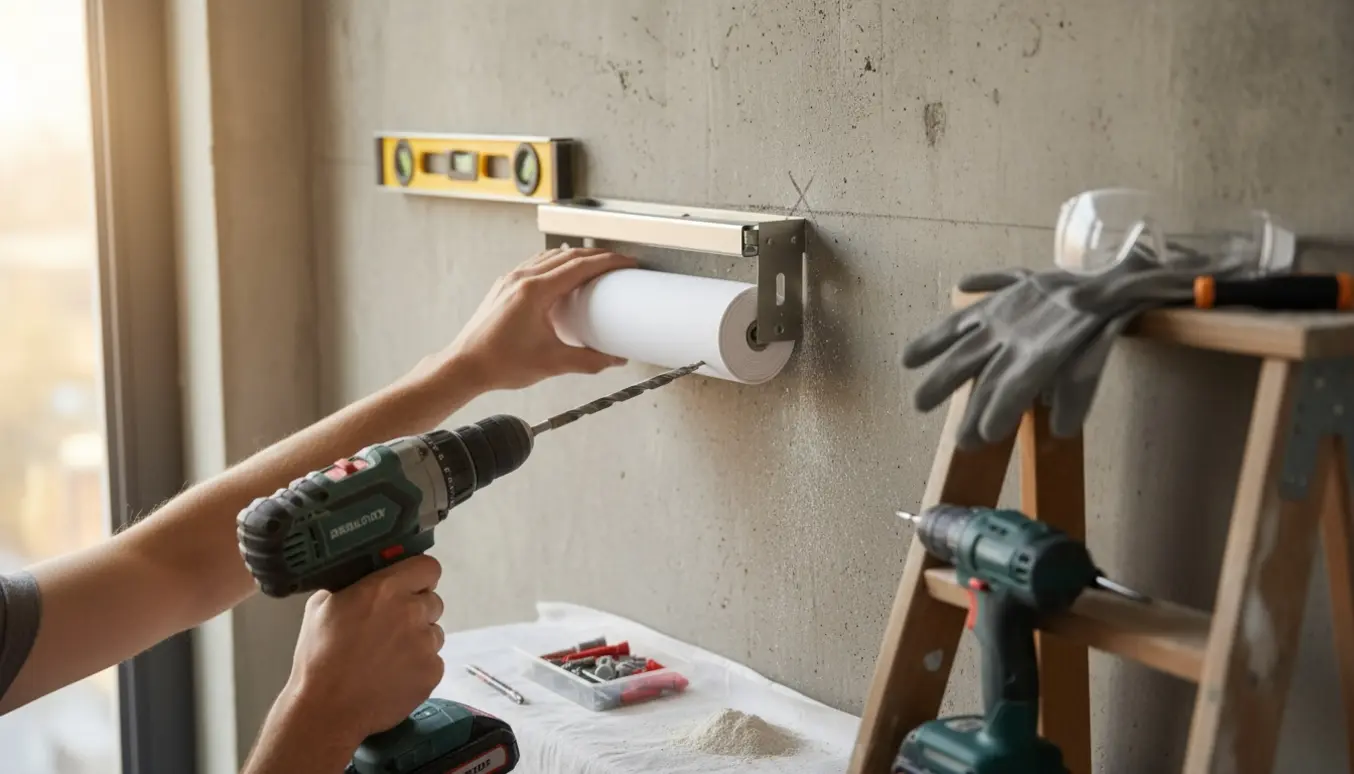 Hænder monterer et rullegardin og gardinstang på en betonvæg med slagbor, rawlplugs og værktøj.