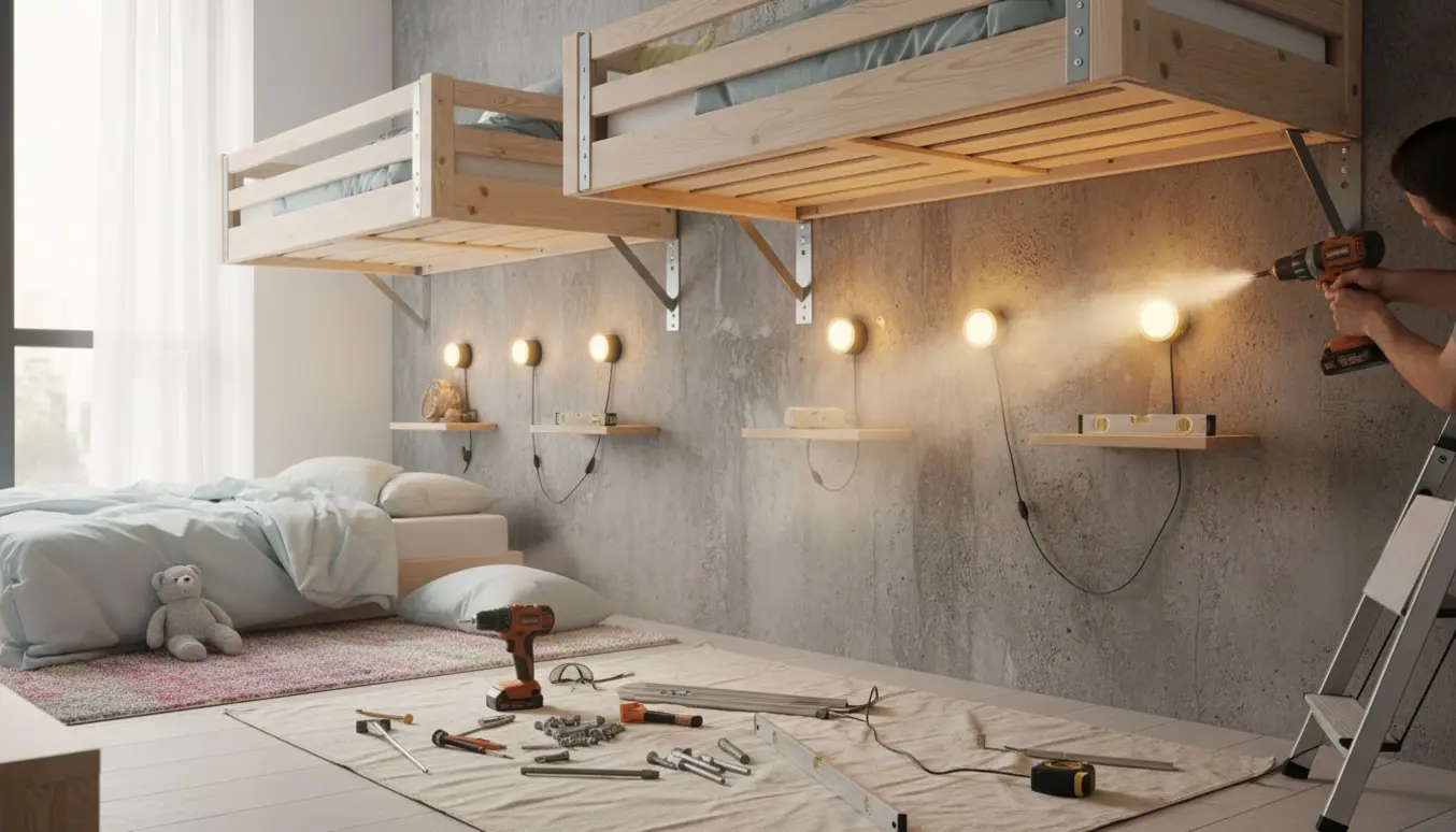 Hænder monterer højsenge, to små hylder og væglamper på en betonvæg i et børneværelse med værktøj foran.