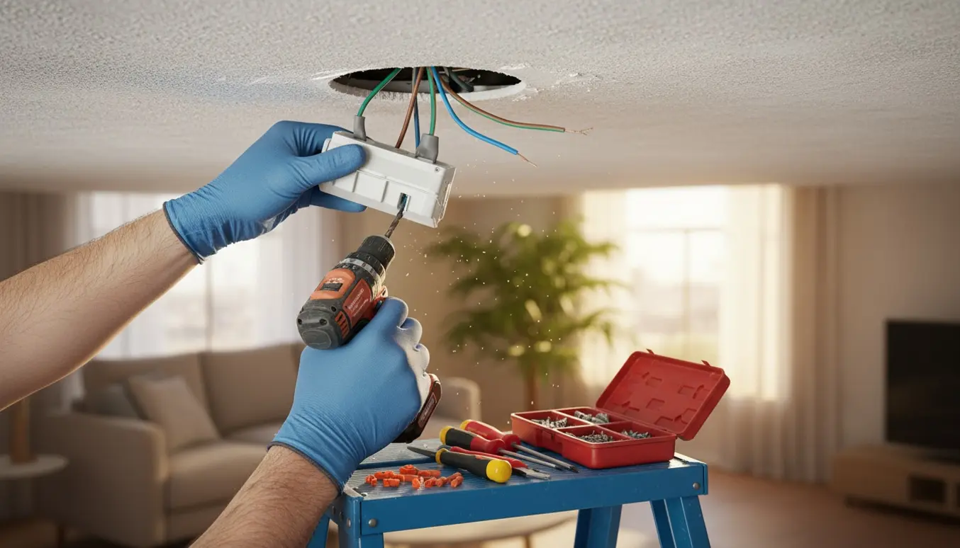 Nærbillede af hænder, der monterer en loftdåse til lampe i en lys lejlighed.