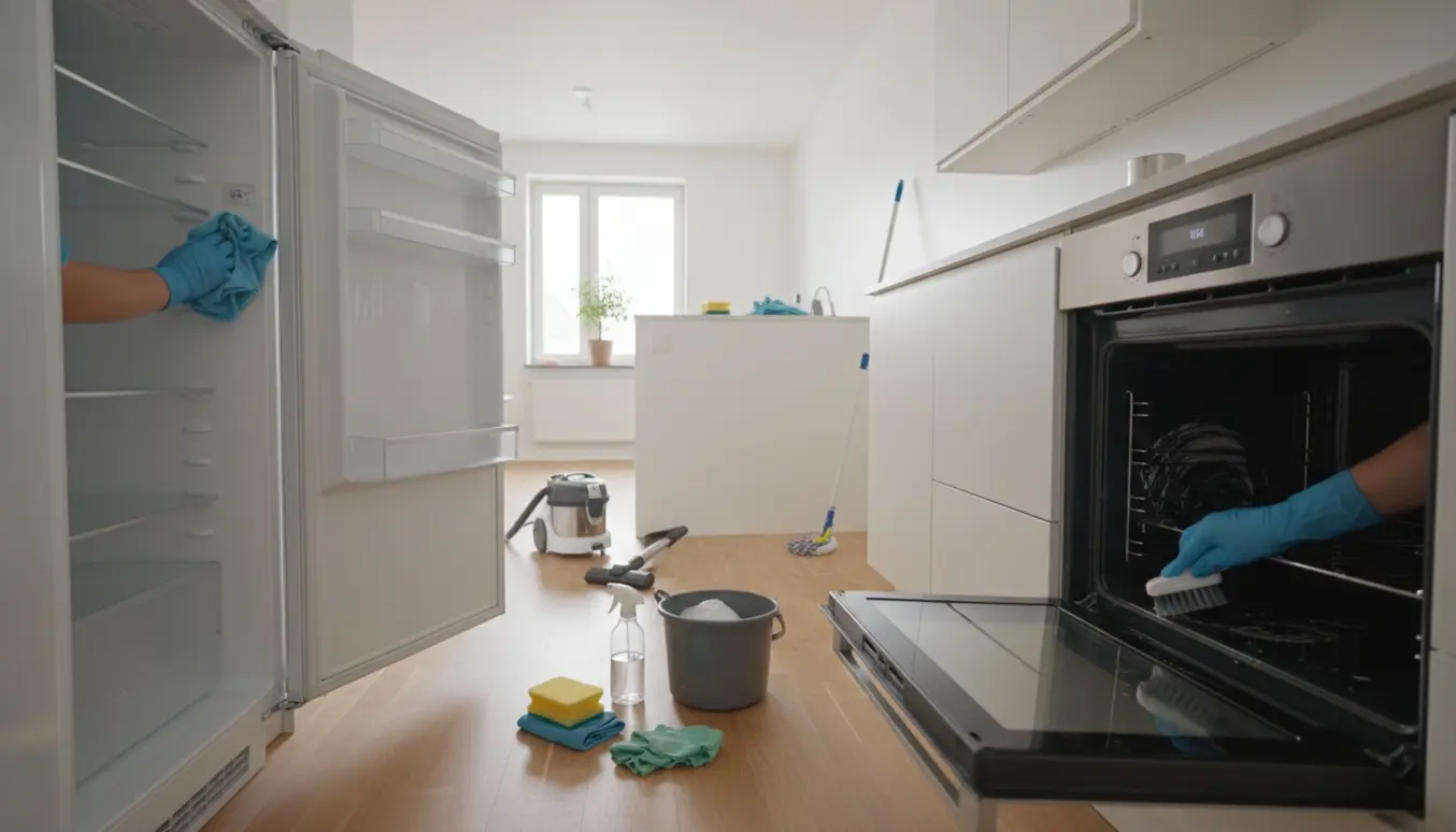 Flytterengøring i et lille skandinavisk køkken med handsker, åbent køleskab og ovn samt rengøringsmidler.