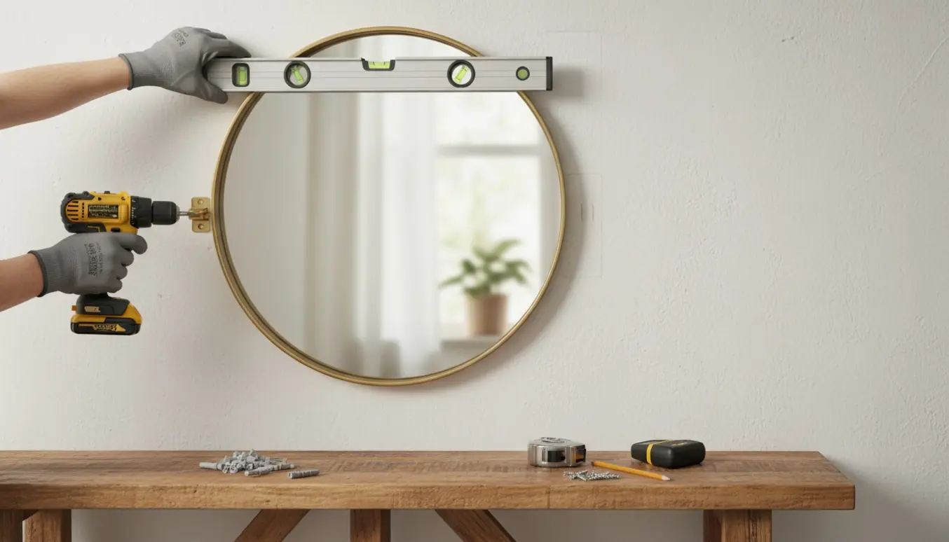Hænder hænger et rundt spejl op med boremaskine og vaterpas over et konsolbord.