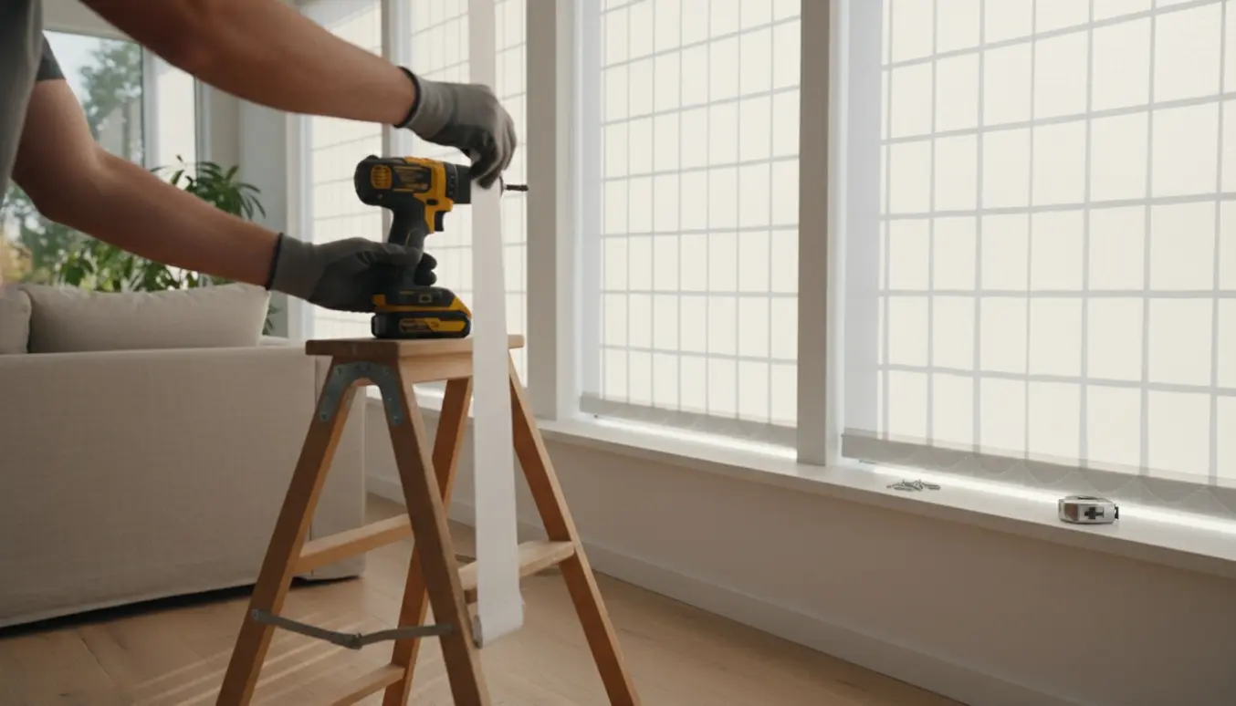 Installatør hæver lamelgardiner på tre vinduer i en lys og moderne stue.