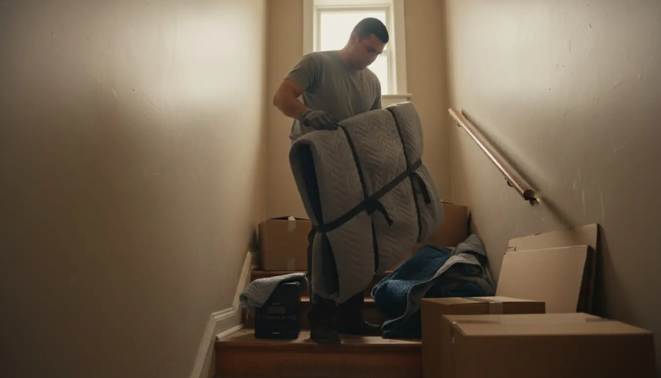 To personer bærer et indpakket TV, stereo og flyttekasser ned ad en meget smal trappe.