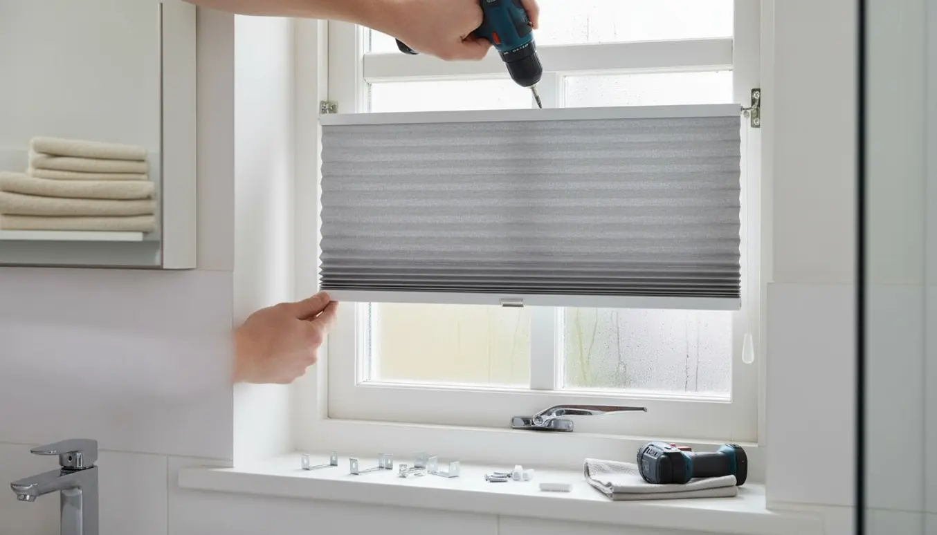Plissegardin UP & DOWN monteres i et lyst badeværelse med værktøj på vindueskarmen.