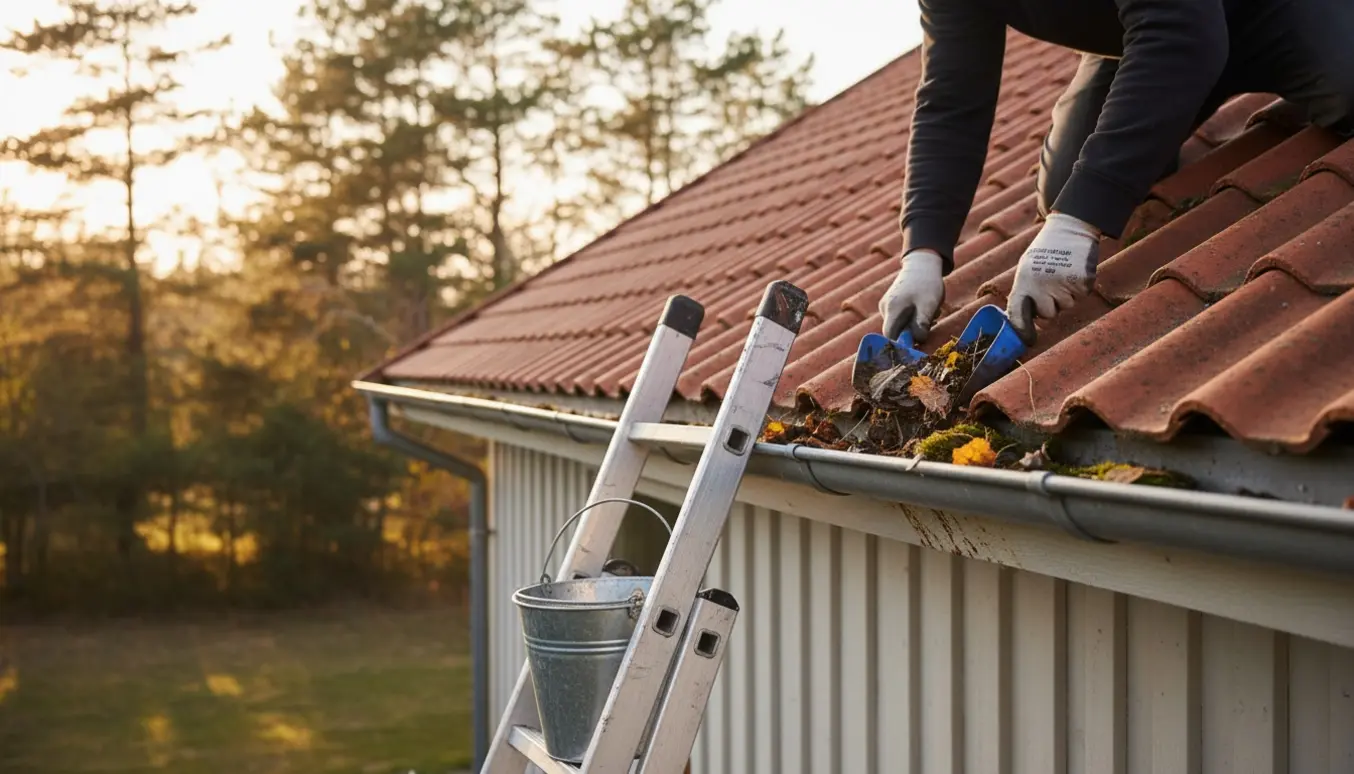 Hænder i handsker fjerner blade og mos fra tagrenden på et sommerhus, med stige og spand i billedet.