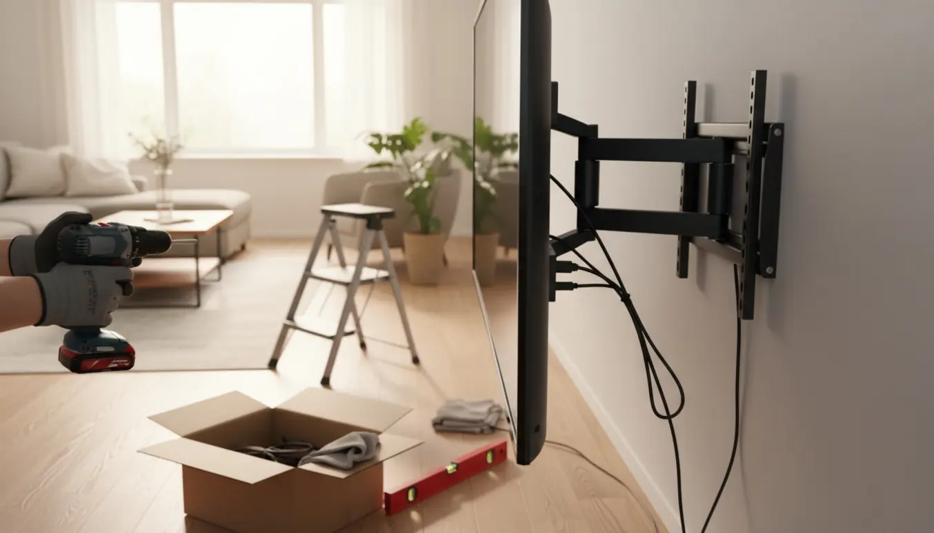 Hænder monterer et bevægeligt tv-ophæng på væg i et lyst og ryddeligt opholdsområde.