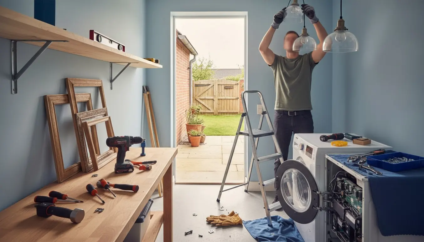 Værktøj og halvfærdige lamper, hylder, billedrammer og en havelåge i et lyst hjem, uden tydelige ansigter.