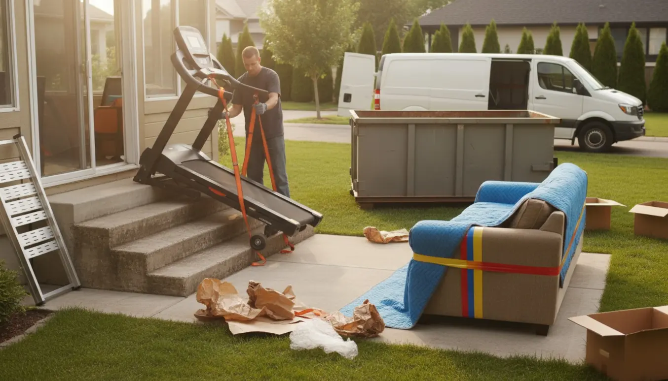 Løbebånd trækkes ned ad fire trin fra udestue, mens en 2,5 m sofa står udenfor klar til bortskaffelse.