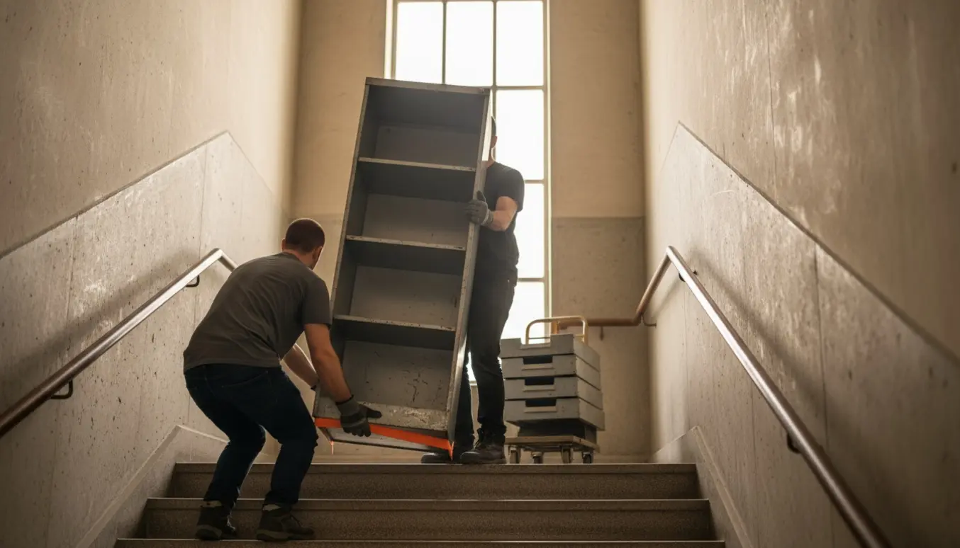 To personer bærer et tungt metalarkivskab op ad en rummelig betontrappe, skufferne er taget ud og stablet på en vogn.