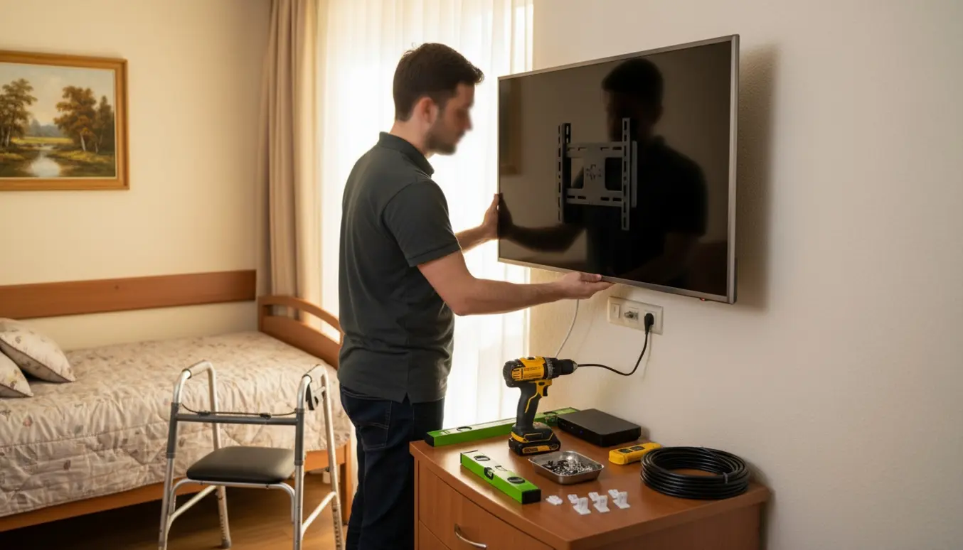 Et lille fladskærms-tv monteres på væggen i et lyst plejehjemsværelse med teknikere og værktøj i billedet.