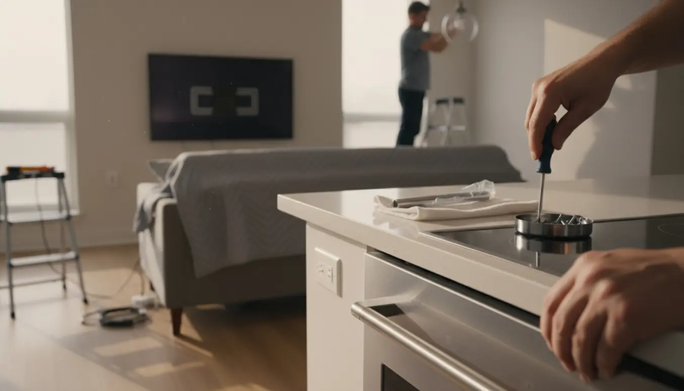 Nærbillede af hænder, der reparerer en ovnlåge, med afmonteret væghængt tv og en person på stige, der tager en loftslampe ned i baggrunden.