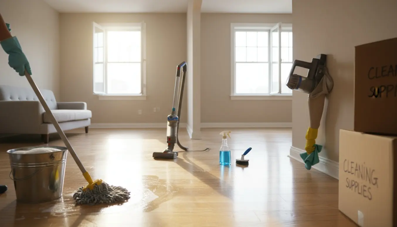 Dybdegående flytterengøring i en lys 2-værelses lejlighed med moppe, spand og klud i fokus.