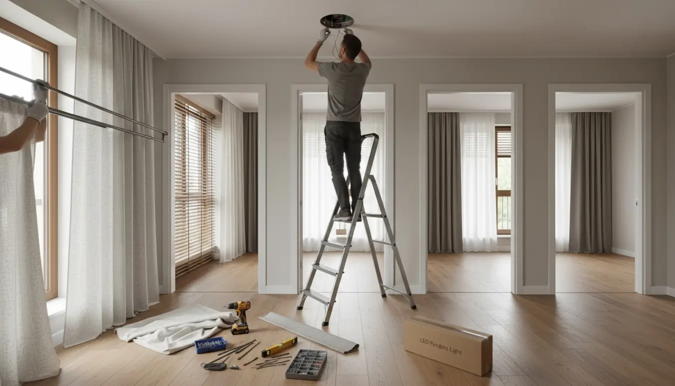 Montage af gardiner, persienner og lampe i et moderne hjem med værktøj klart lagt frem.