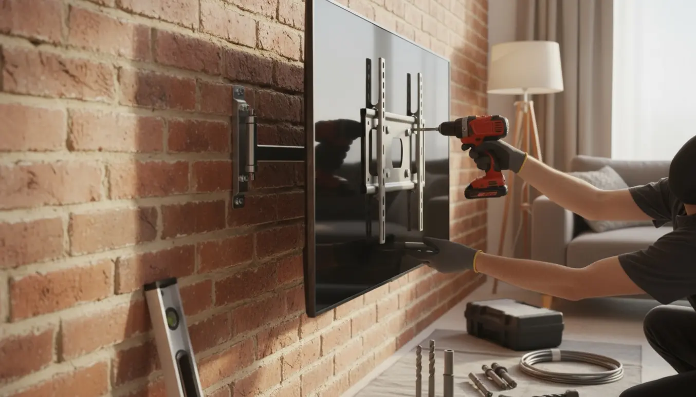Tv monteres på et roterbart beslag på en indvendig murstensvæg med synlige værktøjer og monteringsdetaljer.