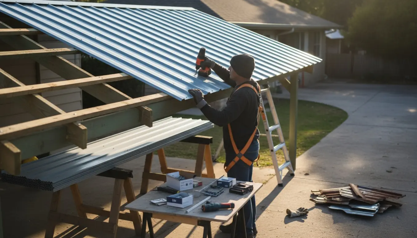 Udskiftning af trapeztag på en carport med nye metalplader og værktøj i baghaven.