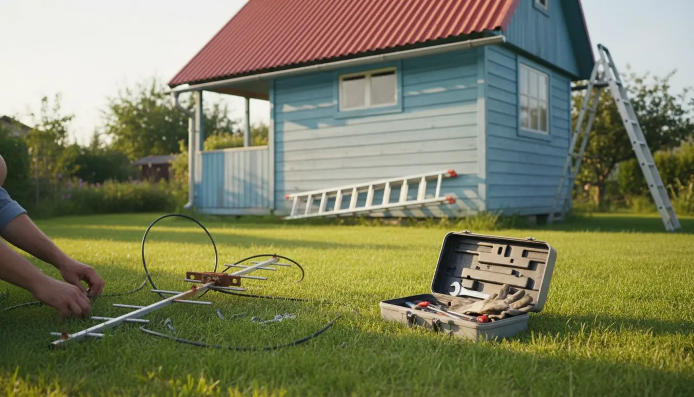Faldet TV-antenne og værktøj på græsset foran et kolonihavehus.