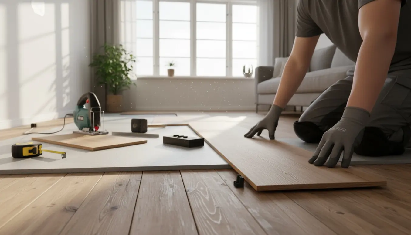 Nærbillede af kliklaminatplanker lagt oven på underlag over et gammelt fyrtræsgulv i en lys stue.