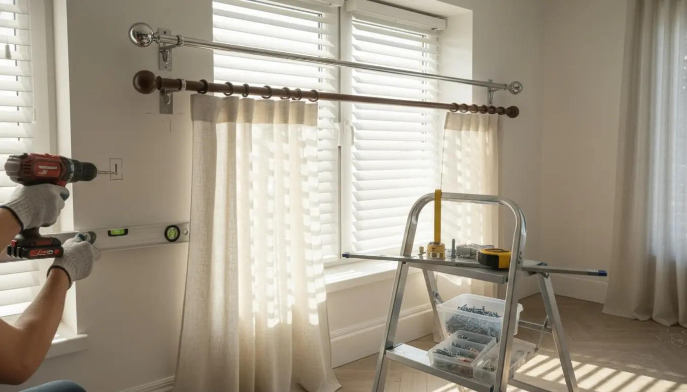 Hænder monterer tre gardinstænger og en persienne ved et solbelyst vindue.