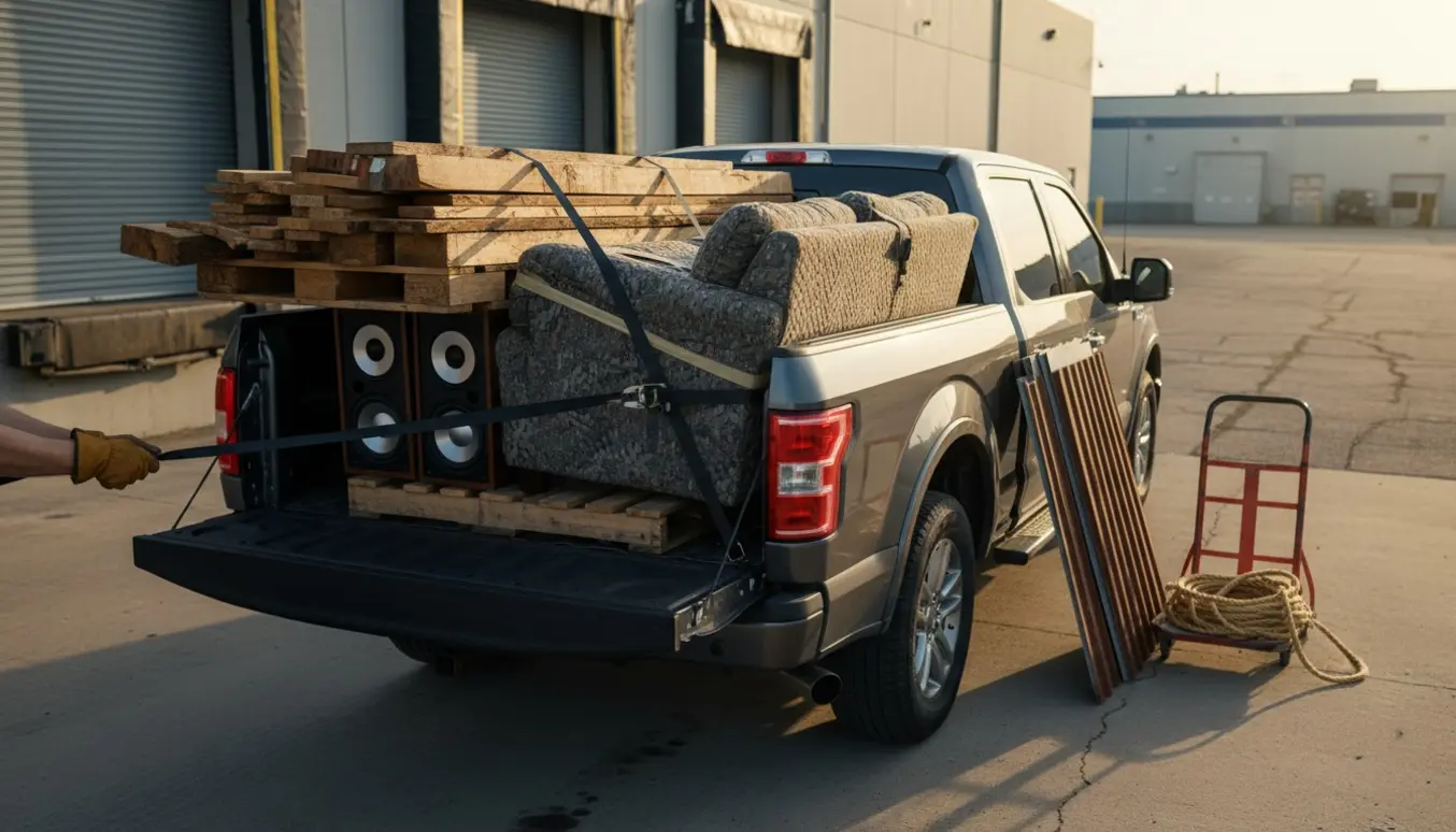 Pickup-last med møbler, træplanker, højtalere og tagplader klar til afhentning.