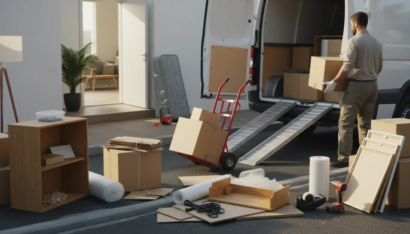 Ubranded flyttevogn læsset med kasser, bæger og demonterede møbler ved en lejlighedsindgang under bortkørsel efter flytning.