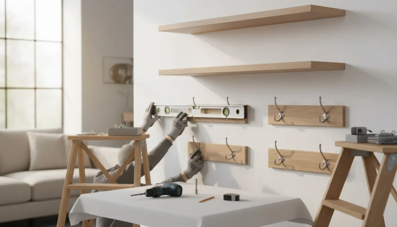 Håndværker monterer billeder, tre små hylder og to knagerækker på en hvid væg med værktøj og stiger i dagslys.