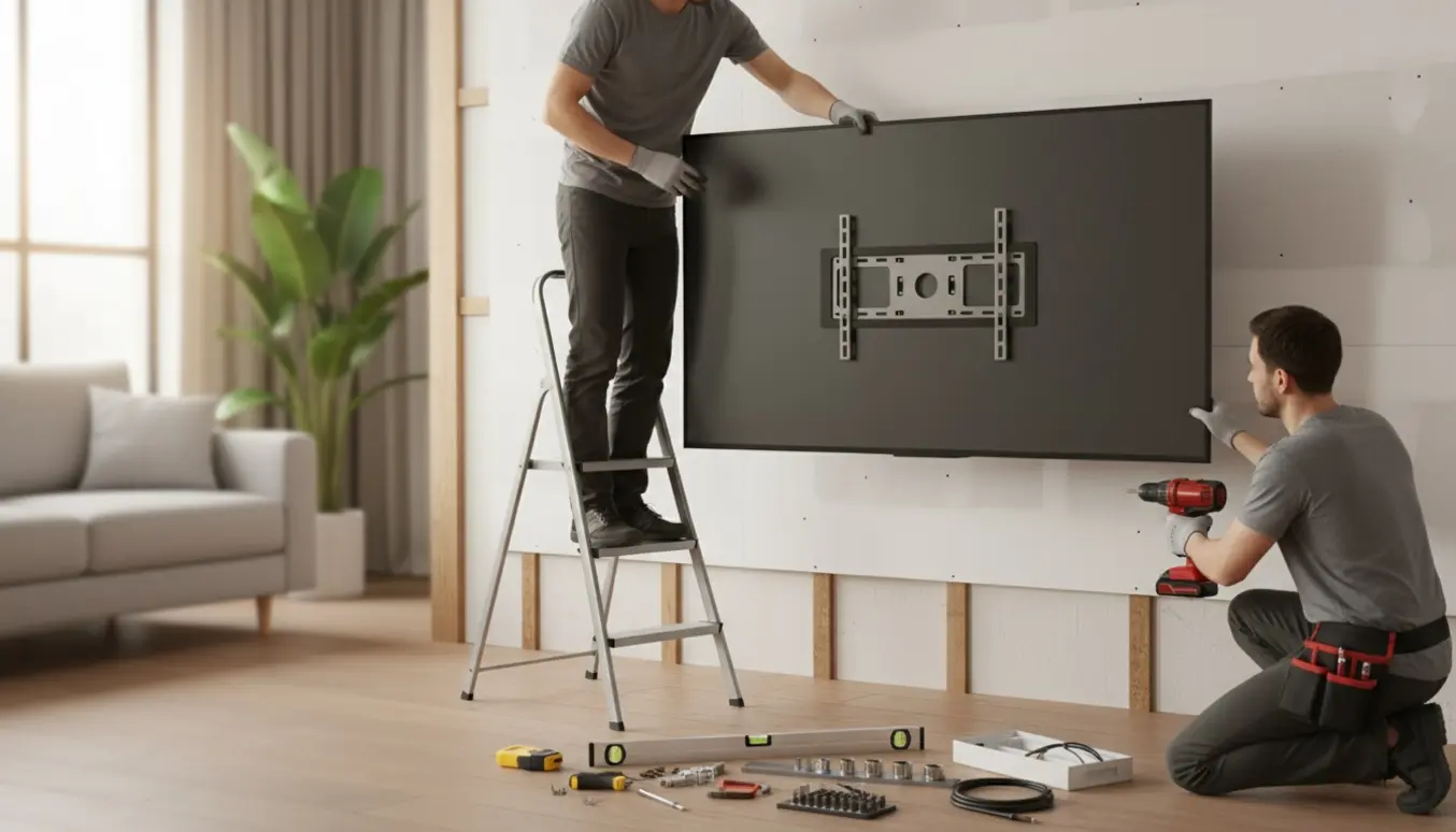 To personer monterer et 55-tommer fladskærms-tv på en væg i en lys stue med værktøj og kabelstyring synligt.