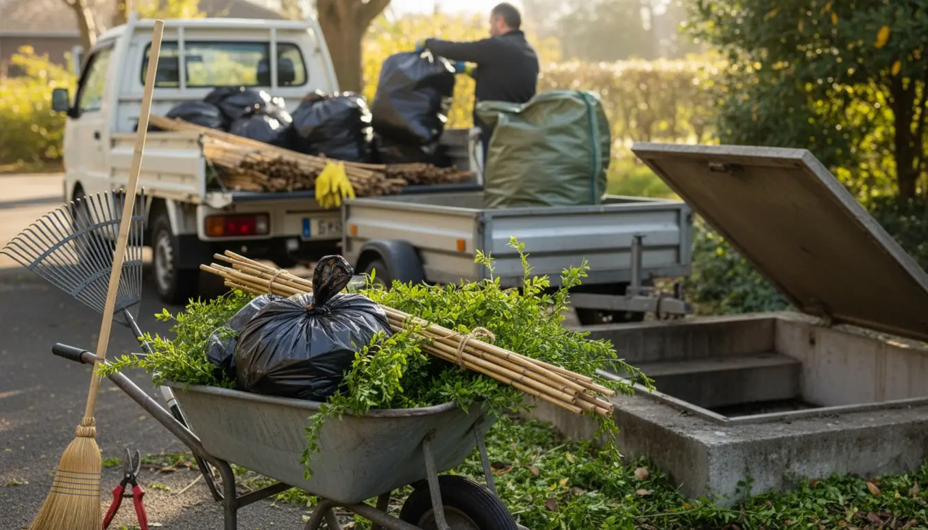 En indkørsel med en trillebør og pickup lastet med blandet affald, hækafklip og bundter af bambusrør.