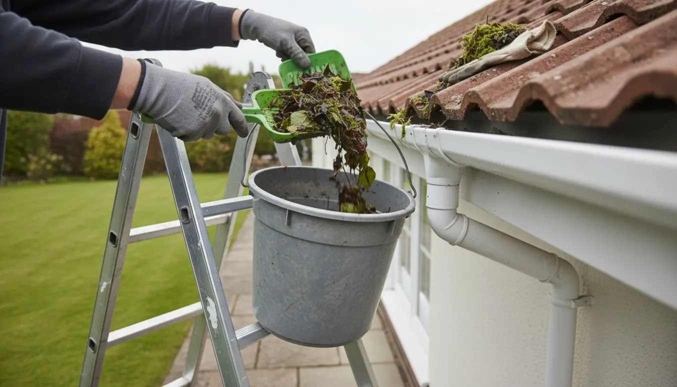 Handskerede hænder renser tagrenden på en enkeltetages villa fra en stige.