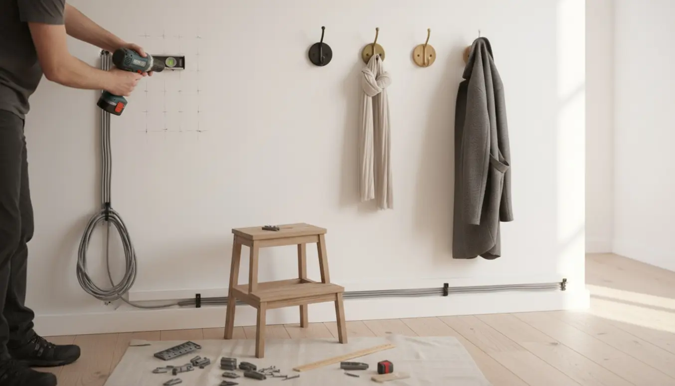 Hænder fastgør ledninger til en gangvæg og monterer forskellige knager.