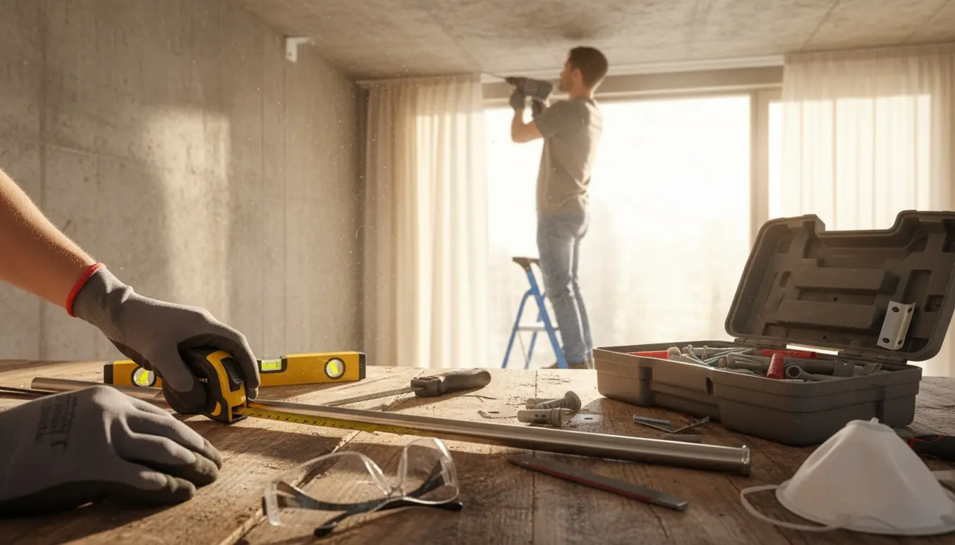 Måling og savning af en gardinstang ved siden af boring i et betonloft.