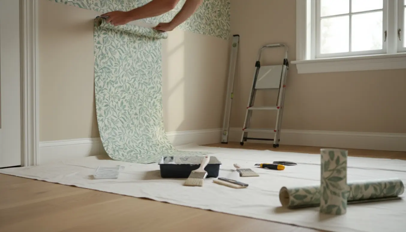 Opsætning af tapet fra midten af en væg op til loftet i et lyst rum med tapetruller og værktøj synligt.