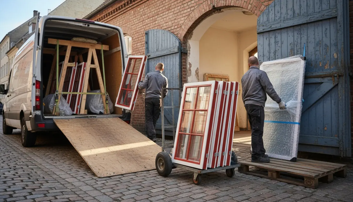 Flytning af flere dannebrogsvinduer fra fortovet ind i en gammel stald med håndtruck og beskyttelsesudstyr.