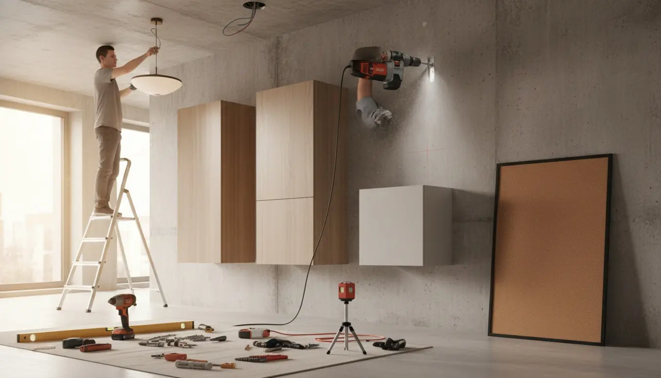 Hænder monterer skabe og en loftslampe på betonvæg og -loft med boreværktøj og ophæng.