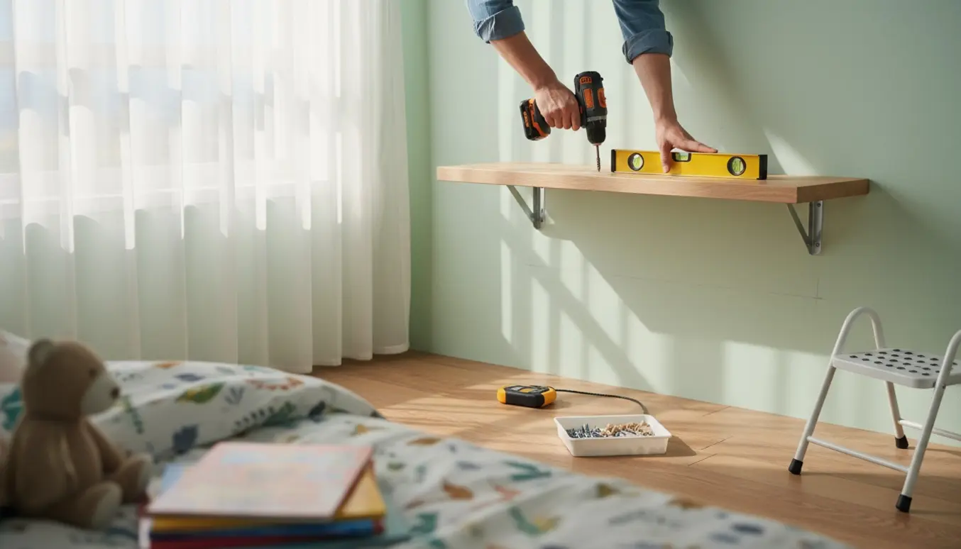 Nærbillede af ophængning af en trævægreol i et børneværelse med værktøj og blødt dagslys.