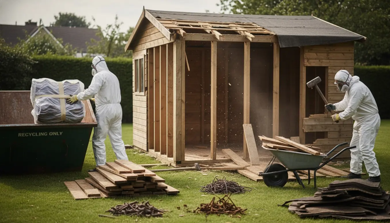 Partielt nedrevet 45 m² træhytte i baghave med sorteret byggeaffald og indpakkede tagmaterialer.