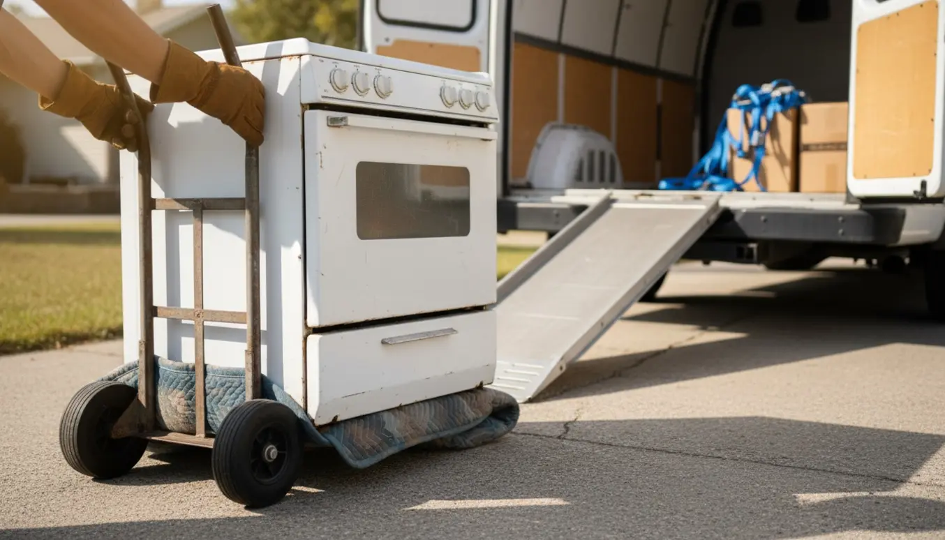 En slidt ovn på en sækkevogn bliver læsset ind i en varevogn til afhentning og bortskaffelse.