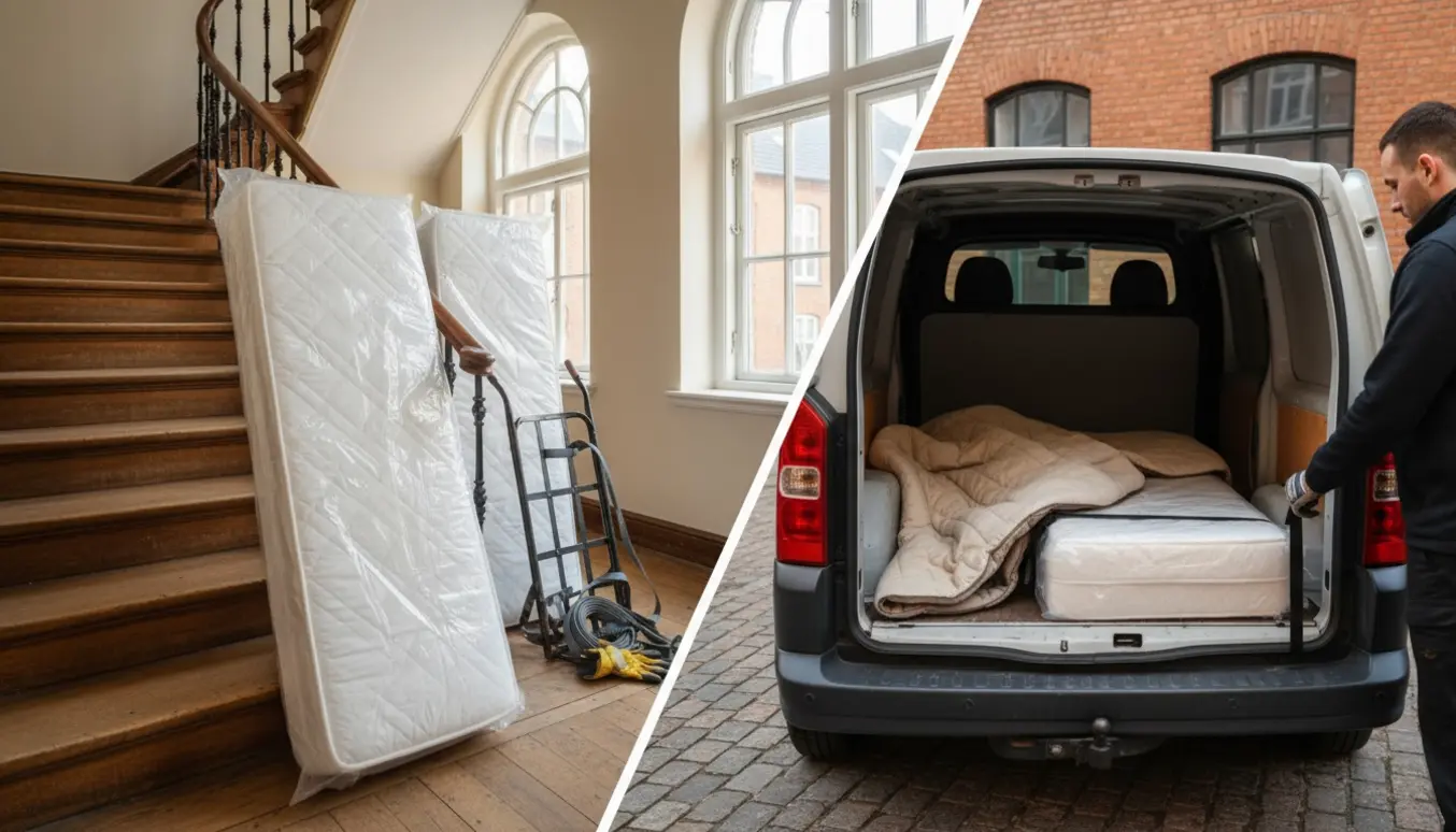 To indpakkede madresser og topmadresser ved en trappe og en åben varevogn klar til afhentning.