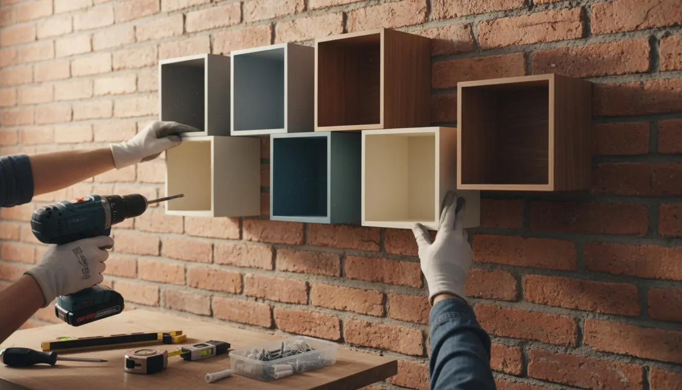 Syv små Montana mini-moduler hænges op på en murstensvæg med boremaskine, rawlplugs og værktøj.