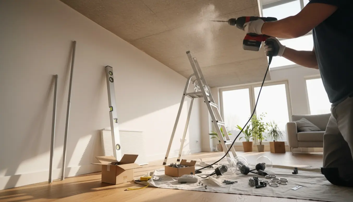 Håndværker monterer lamper og gardinstænger med borehammer og værktøj i en lys stue.