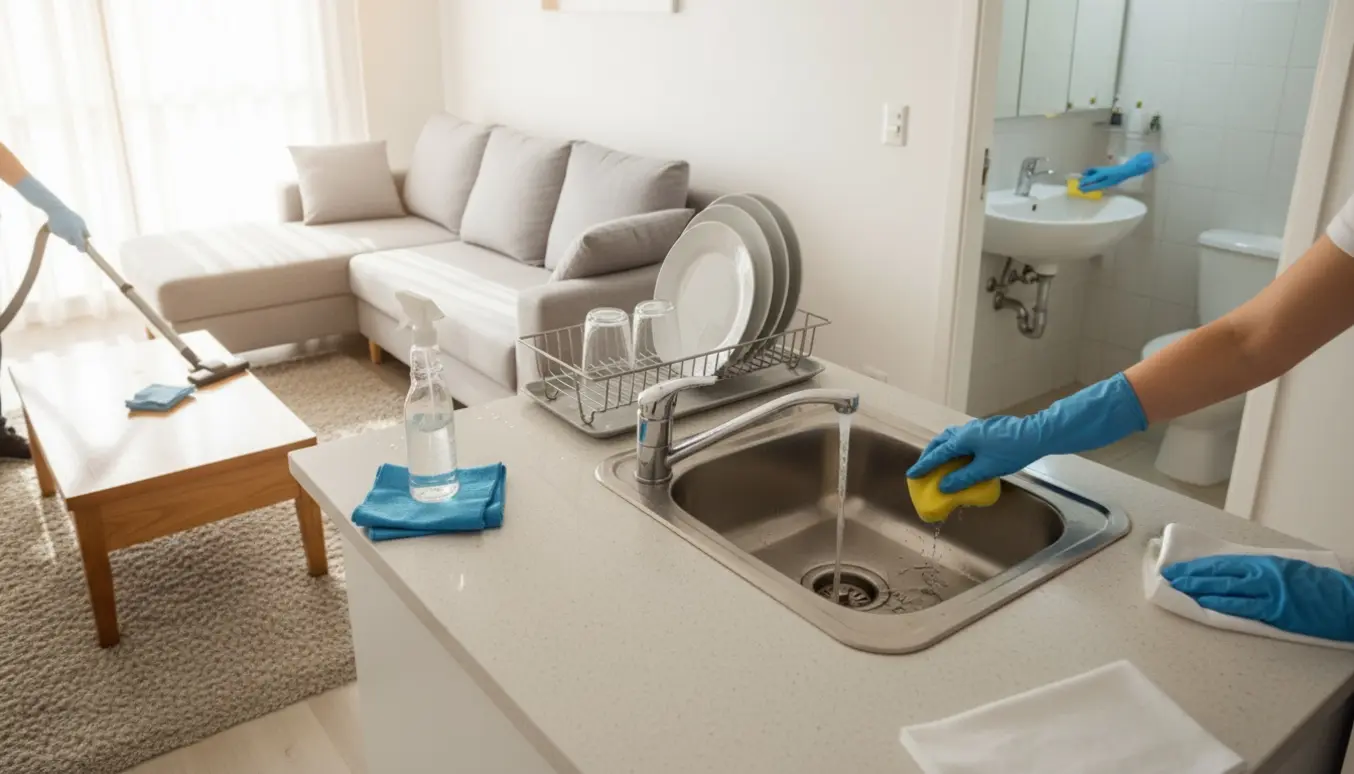Personer rengør stue, køkken og badeværelse med handsker og klude i et solbelyst hjem.