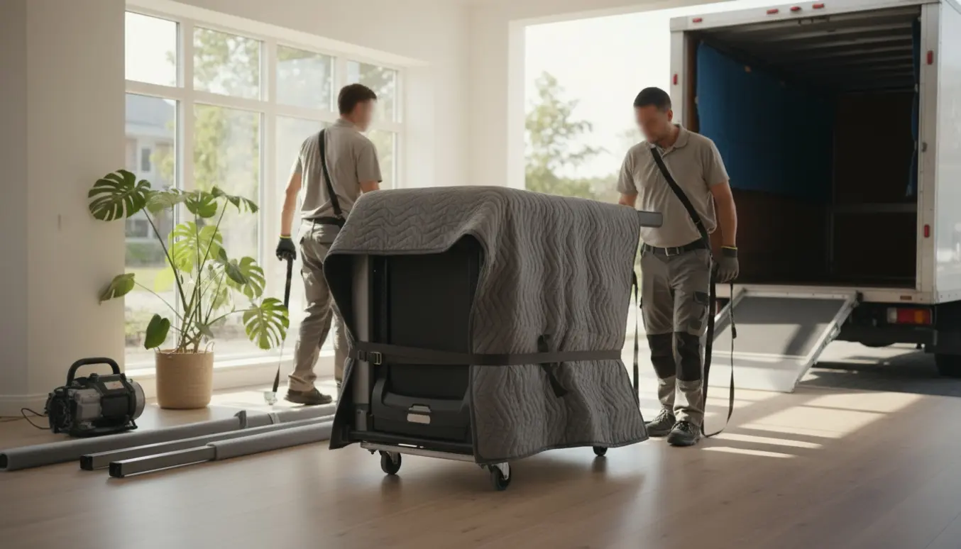 To flyttemænd bærer adskilte løbebåndsdele ud af en lys stue mod en åben flyttevogn.