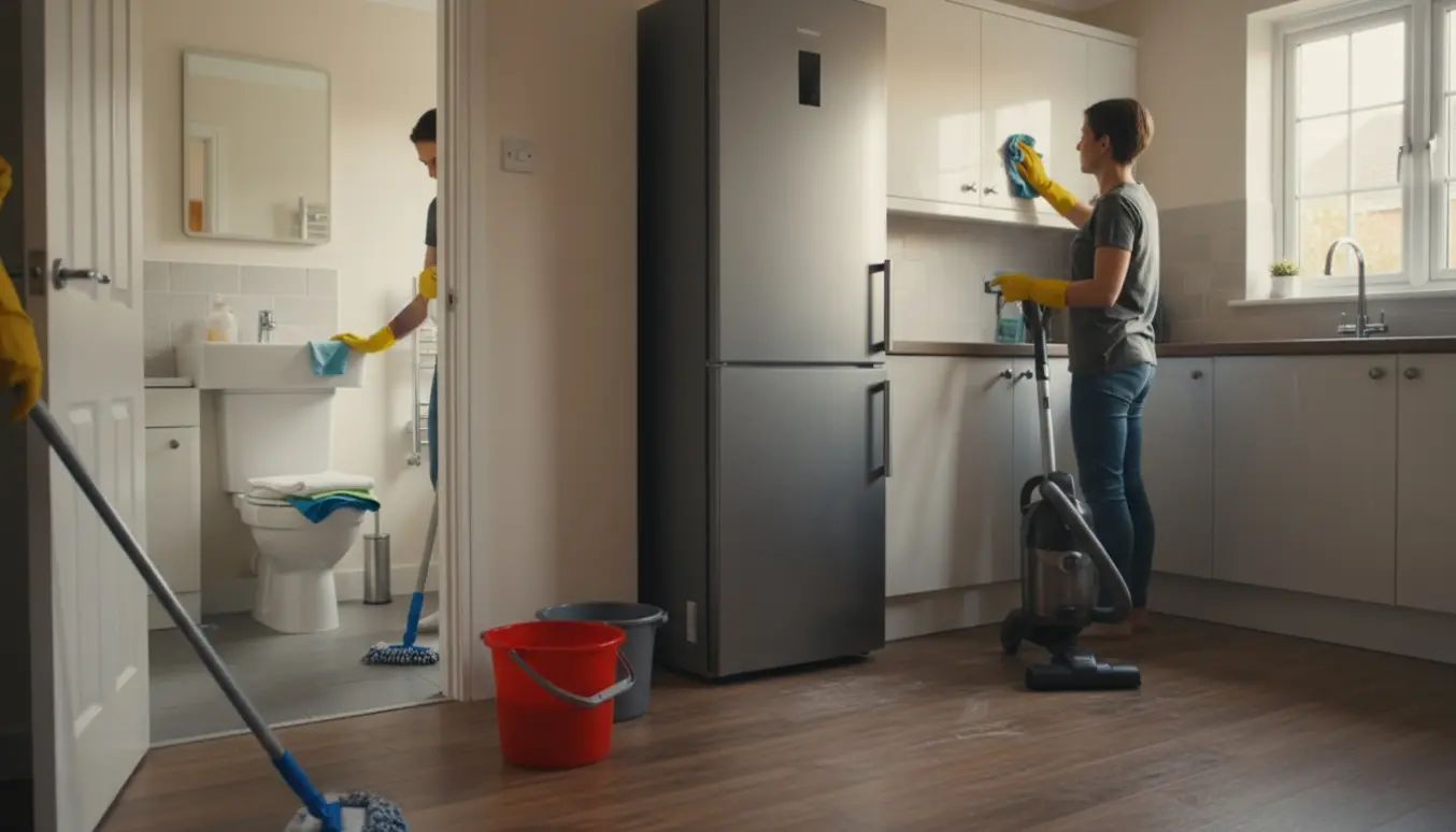 Rækkehusinteriør med rengøring: køkkenlåger og køleskab pudses, gulv støvsuges og et lille badeværelse ses rent.