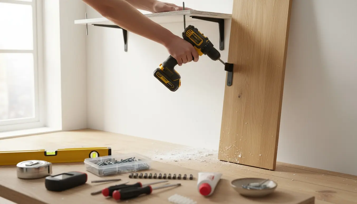 Hænder monterer nye hylder med boremaskine, skruer og rawlplugs mod en hvid væg i dagslys.