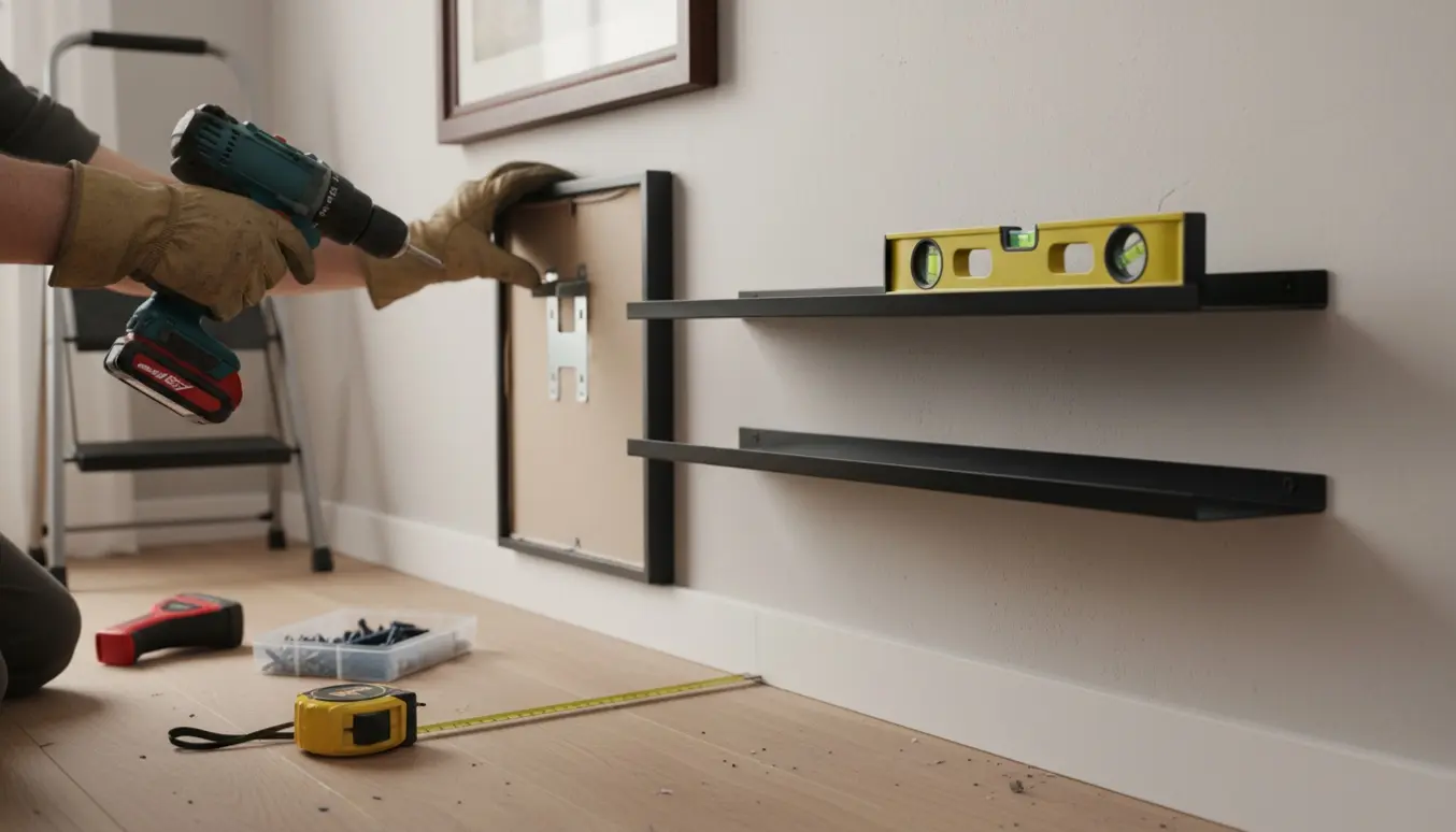 Hænder, der monterer ophæng til et tungt indrammet billede og tre små svævende metalhylder på en væg.