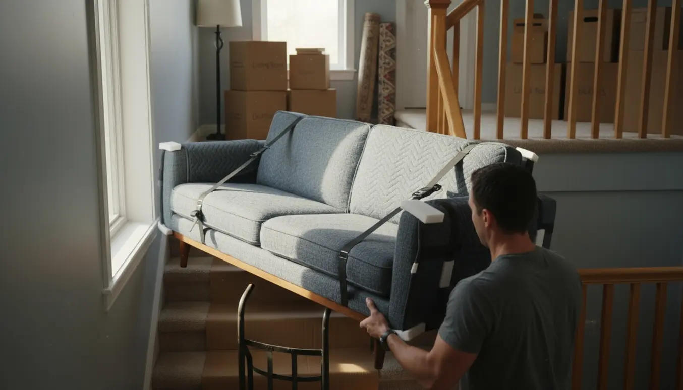 To flyttefolk bærer en sofa ned ad en trappe fra første sal med flyttetæpper og dolly.